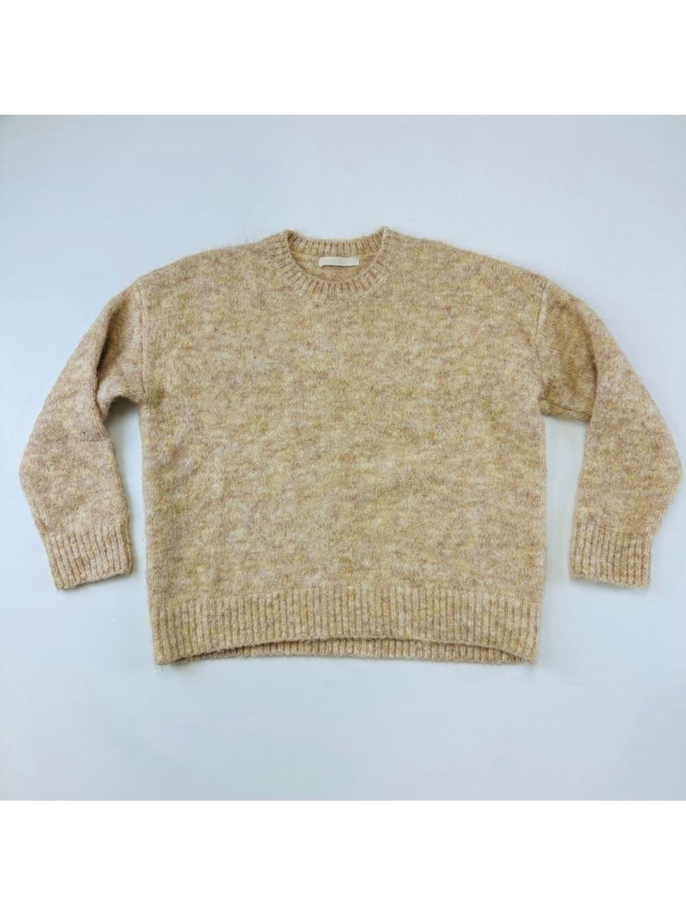 Wool Cashmere Mohair Angora Alpaca Lambswool yellow tan drop shoulder Sweater L